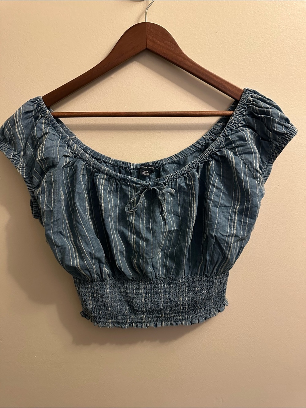 American Eagle Outfitters Blue Striped Off-Shoulder Smocked Crop Top